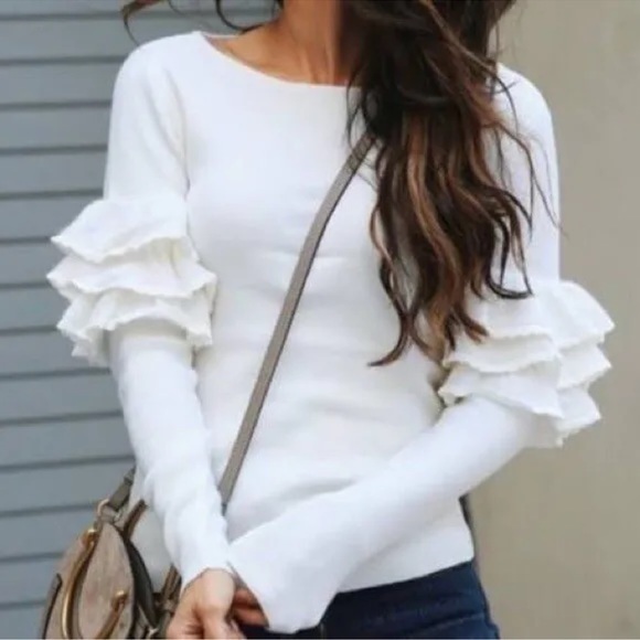 Club Monaco Wool CreamRuffle Sleeve Sweater